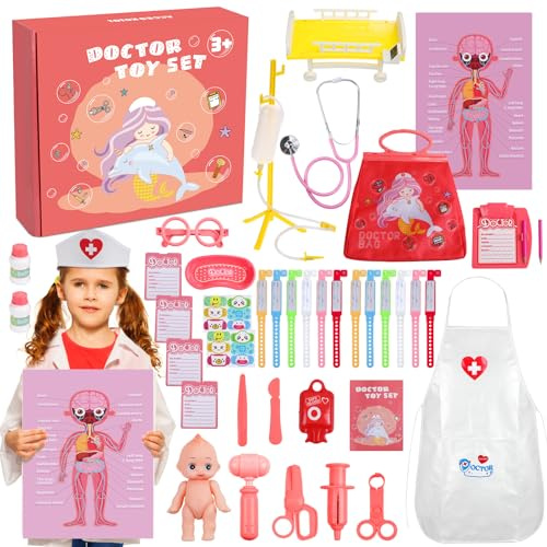 Maletin Doctora Juguetes, Maletin Medico Juguete Infantil, 44Pcs Fonendoscopio Juguete Disfraz Kit Doctor Accesorios Juego de rol Regalos para Niñas Ninos Edades 3 Años o Más (Coral)