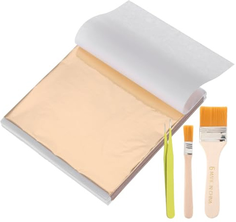 LACHT 100 Hojas Papel Manualidades, Pan De Oro, Kit Pintura, Láminas De Oro Para Decoración De Manualidades Diy, Tarta, Pintura Artística, Con Pinza Y 2 Pinceles