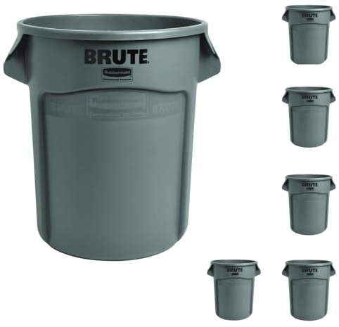Rubbermaid Commercial Products BRUTE Heavy-Duty Round Trash/Garbage Can, 20-Gallon, Gray,Outdoor Waste Container for Landscapers/Construction/Restaurants/Back of House/Offices/Warehouses, Pack of 6