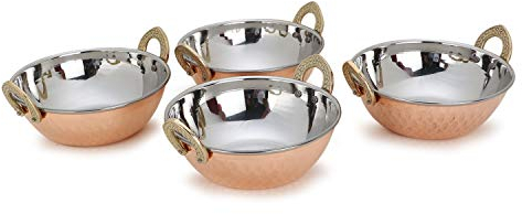 Zap Impex Karahi Servierschalen – 4-teilig – Kupfer gehämmert & Edelstahl innen – 15 cm (400 ml) – Indisches Serviergeschirr für Curry, Biryani & Beilagen