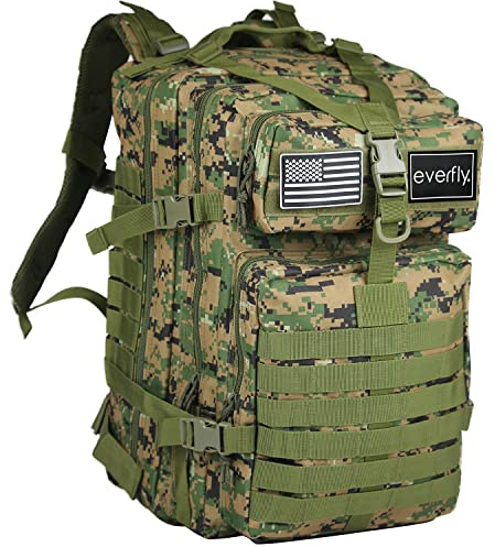 EVERFLY Mochila Tactica Militar 45L - Para Crossfit Supervivencia Caza Pesca Senderismo Gimnasio Montañismo Airsoft - Oxford 800D - Hombre Mujer - Macuto Molle Ejercito - 2 Parche Incluido (Camuflaje)
