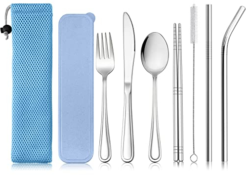 Haware 9 Piece Camping Cutlery Set, Stainless Steel Portable Flatware for 1, Reusable Knife, Fork, Spoon, Chopsticks, Cleaning Brush, Straws, Case& Bag, Camping/Travel/Picnic (Blue)