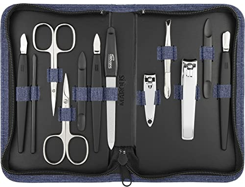 Solingen Manikür Set 12 teilig - Nagelset Herren und Damen mit allem was man für die Maniküre und Pediküre braucht, in hochwertigem Kunstleder Etui