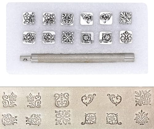 Agatige Leder stanz Buchstaben, Leathercarft Stamping Tool Set, Arabeske Leder Stempel, 12 Stück Lederhandwerk Legierungsstahl Stanzwerkzeug Lederstempel und 1 Stück Griff für Metall