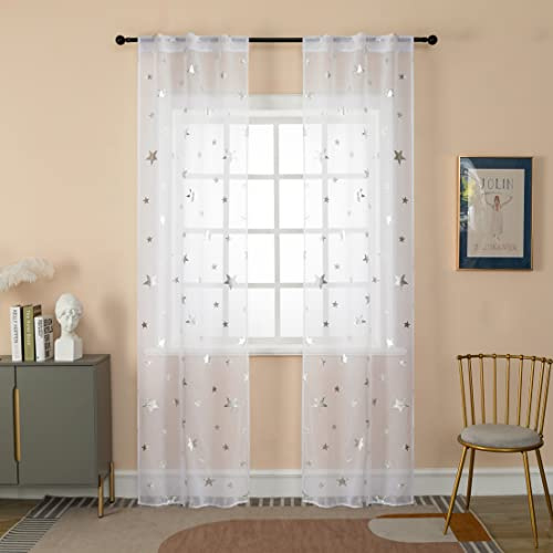 GIRASOLE HOME® Coppia Tende Voile Filtranti Fantasia Stelle Argentate Tenda Bianca per Interni con Tasca e Passanti Nascosti 2 Pannelli (Stelle Argento, 70x235cm)