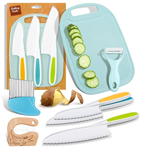 Veraing Set di 7 coltelli da cucina per bambini, coltello Montessori, coltello da cucina, coltello da cucina per bambini a partire dai 4 anni, esperienza di cottura sicura e divertente per bambini