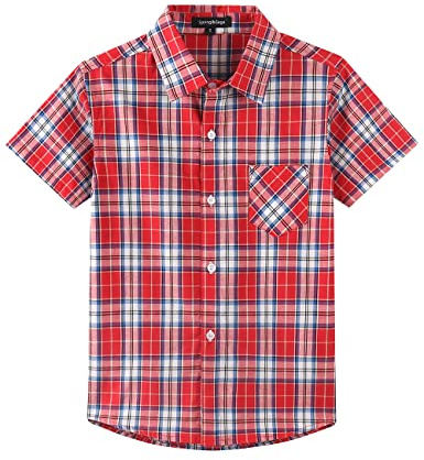Spring&Gege Camisa de manga corta a cuadros para niño, camisa de ocio para niños, rojo y azul, 13-14 años