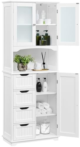 Yaheetech Armario de Baño de Almacenamiento Alto con 4 Cajones Armario con 2 Puertas de Vidrio Estante Ajustable Aparador de Cocina Blanca 60×30×165,5 cm