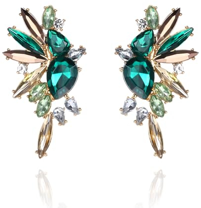 Kakonia Rhinestone Clip on Earrings for Womens Lady Statement Non Pierced No Piercing Earrings Dainty Small Crystal Cluster Earrings Vintage Fancy Fake Drop Earrings Jewelry Green