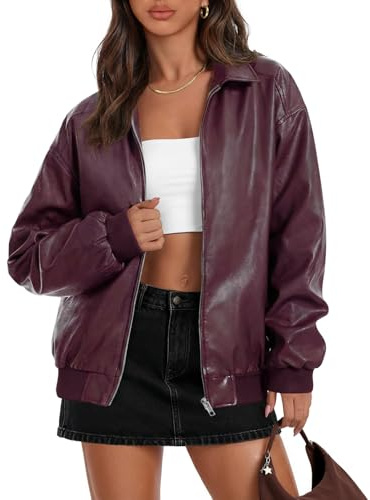 MEROKEETY Women's Winter Spring Oversized Faux Leather Jacket 2026 Fall Zip Up Motorcycle Coats Fashion Outfits Clothes, Burgundy, Medium