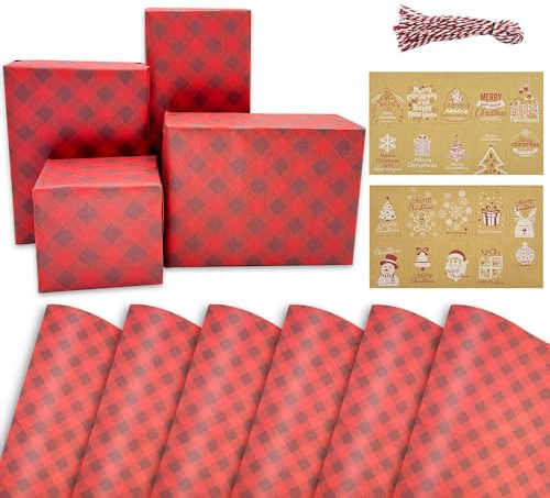 Papier cadeau de Noël pour emballage cadeau - 6 feuilles de papier cadeau de Noël rouge 70 x 50 cm en papier kraft recyclable avec étiquettes cadeaux et ruban