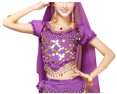 Top corto da donna per danza del ventre, maniche a sbuffo, chiffon con paillettes, monete glitterate, nappe, camicetta per festival, discoteca, top corto tribale per danza del ventre, Viola,