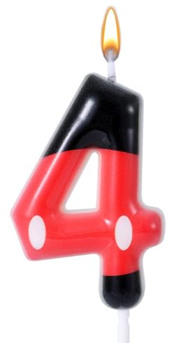 Vela Cumpleaños con Número Rojo y Negro, Velas de Cumpleaños con Números de Temática de Dibujos Animados Vela de Cumpleaños con Número de Ratón Rojo de Parafina Adorno para Tarta (Número 4)