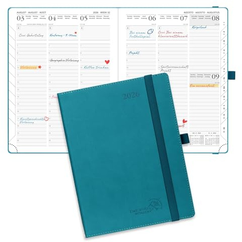 POPRUN Agenda 2026 Semana Vista Medio 22 x 16,5 cm, Tapa Blanda en 12 Meses de Ene 2026 a Dic 2026, Porta Boligrafos Autoadhesivo, 100 GSM Papel, Azul Cielo Nocturno, Verde Pacifico