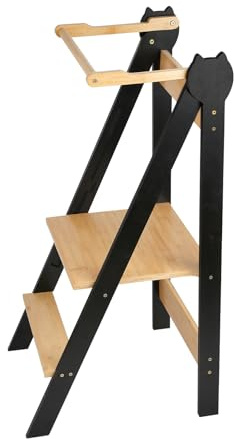 Tour d Observation Enfant, Pliable, Tour d’Observation Sécurisée, en Bois, Réglable en Hauteur, 3 Niveaux, Tour d'apprentissage à Partir de 12 Mois, Capacité 50 kg (Noir Marron)