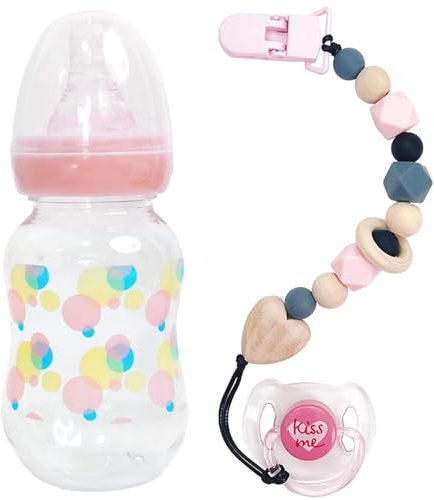 Conjunto de accesorios de muñecas de bebé, lindas botellas de muñecas de oso y patrón de muñeca y chupetes magnéticos con clips de chupete para niñas niños