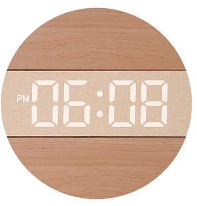 Lancoon Elektronisk väggklocka med automatisk dimning tystnad LED stor display trä rund 12/24 timmars brytare hängande plug-in för hem vardagsrum kontor