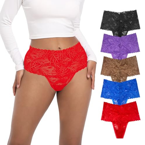 Deigecil High Waist Lace Thongs For Women Plus Size Sexy wide gusset Panties Soft Comfortable Lacy Underwear Pack 5 Size S