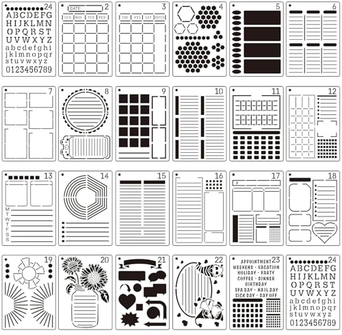 deegbbyi 24 Piezas Plantillas para Pintar, Plantillas para Bullet Journal, Plantilla de Pintura Reutilizables, Resistente y Duradero, para Hacer Álbumes de Recortes, Tarjetas, Diarios y Cuadernos