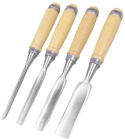 Set di 4 Sgorbie per Legno Professionali, Scalpelli per Intaglio e Lavorazione del Legno 6/12/18/24 mm, Lame in Acciaio Affilate a Specchio con Manico in Legno, per Scultura, Tornio e Fai da Te