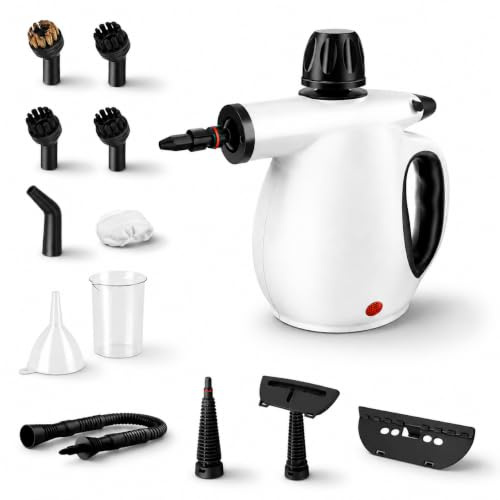 Limpiador a Vapor de Mano, Limpiador Vapor Portátil Multiusos con 12 Accesorios, Steam Cleaner de Alta Temperatura para Cocina, Baño, Sofa, Alfombras, Ventana, Suelos e Interior de Coche (Blanco)