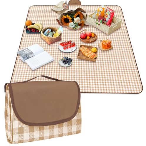 AYBUY Manta de Picnic, Grande Manta para Pícnic con Base Impermeable, 150 x 200 cm, Esterilla Plegable Portátil para Playa, Manta de Camping de Playa con Asa, Viajes, Camping, Parques (Marrón café)