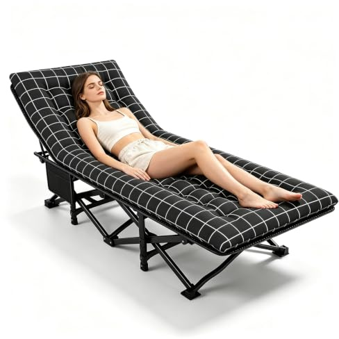 Camping Beds with Cushion for Adult, Folding Camping Cot Sun Lounger | Heavy Duty Steel Frame Sleep Cot for Home Office Guest Garden, Max Load 150 kg, 190x68x49cm