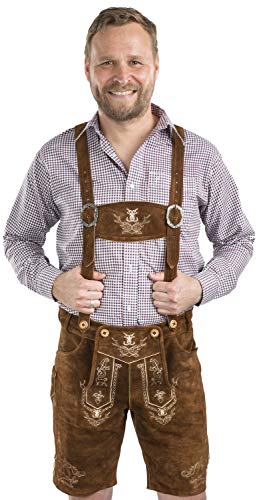Schöneberger Trachten Couture Herren Lederhose kurz - Trachtenlederhose inkl. Hosenträger – Trachtenhose Echt-Leder Tracht Alpenjäger(64, mittelbraun)