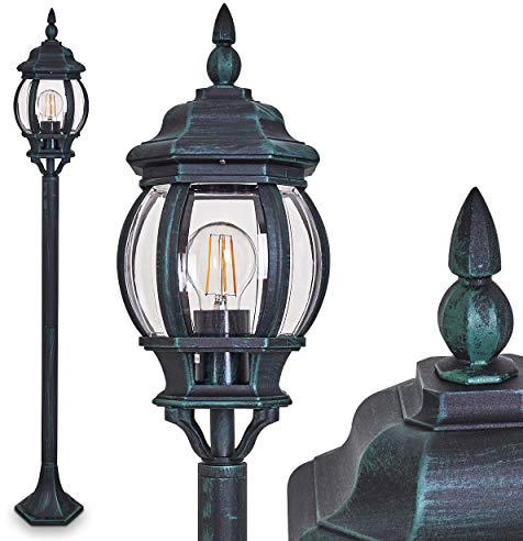 Außenleuchte Lentua, Wegeleuchte in antikem Look, Aluguß in Schwarz/Grün mit Kunststoff-Scheiben, Stehleuchte 120 cm, Retro/Vintage Gartenlampe, E27-Fassung, IP44, ohne Leuchtmittel