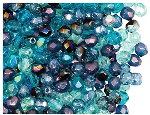 Lot de 600 perles tchèques à facettes, en verre polies au feu, rondes, 4 mm, bleu transparent Vega Mix
