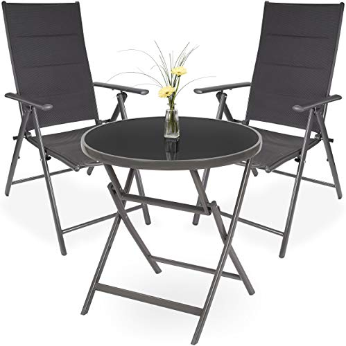 BRUBAKER Garten Sitzgruppe Riva - 1 Glastisch Klapptisch rund 70 cm Ø mit 2 Hochlehner Stühlen - Wetterfest - Silbergrau