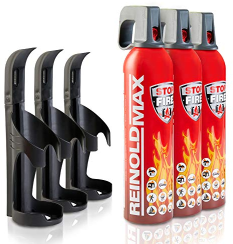 XENOTEC Premium Feuerlöschspray – 3 x 750ml – 3 Wandhalter - Stopfire – Autofeuerlöscher – REINOLDMAX – inklusive Wandhalterung schwarz – wiederverwendbar…