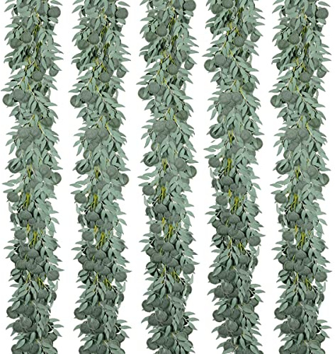 Kisflower 5 Pack 6.56FT Green Eucalyptus Garland for Decoration Table with Willow Leaves Greenery Garland Fake Hanging Plants Vines for Wedding Arch Decor Party Room Home Garden Office Wall Decor