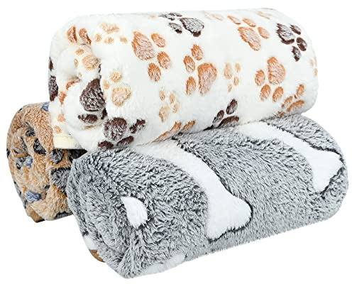 3 Pcs L Pet Soft Dog Blankets Washable, Puppy Blankets, 76x53cm, Paw Bone Print Pet Throw, Warm Sleep Mat, Pets Cover Blanket, Fluffy Fleece Blanket, Fleece Blanket for Small Medium Large Dog Cat