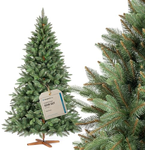 FAIRYTREES Sapin de Noël Artificiel, Nordmann Premium 180 cm, Éléments naturels moulés par Injection, Fabriqué en UE, Arbre de Noël avec Support en Bois de frêne Fait à la Main