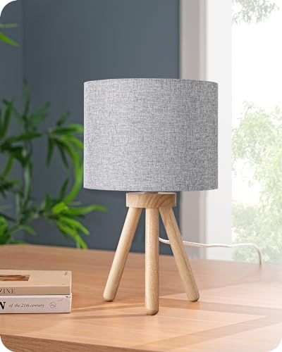 EDISHINE Lampada da comodino in legno con treppiede, paralume in lino, lampadina LED E27 inclusa, 2700K bianco caldo, lampada da tavolo moderna per camera da letto, soggiorno, ufficio, hotel, grigio