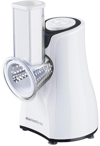 Melchioni Family | Grattugia Elettrica Taz, 5 Diverse Lame Intercambiabili, Pulsante a Pressione, Imboccatura Trasparente, 200W