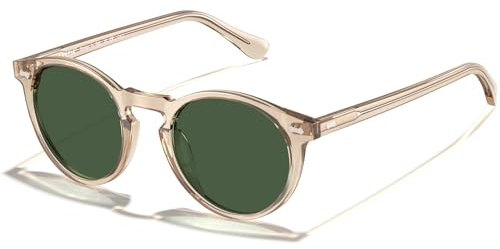 CARFIA Gafas de sol polarizadas para hombre y hombre, marco redondo con funda de cuero, Marco L13: Transparente; Lente: Verde, medium