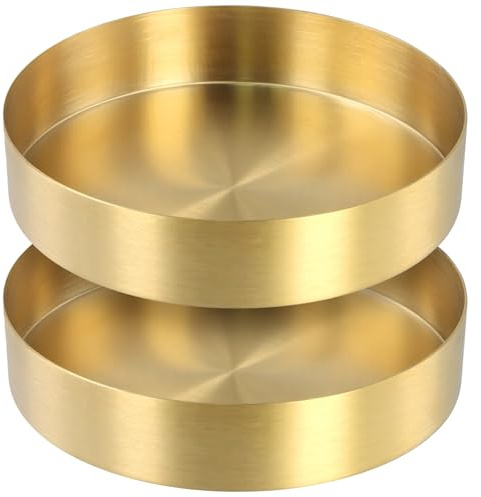 KEILEOHO 2 stycken 14 cm gyllene rund bricka liten, rostfritt stål dekorativ bricka guld, serveringsfat deco tallrik rund guld för bar kök badrum smycken och smink