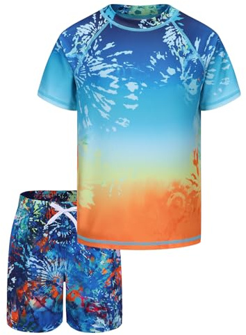 Maillot de Bain Enfant Garçon 2 Pièces - T-Shirt Anti UV à Manches Courtes et Short de Bain pour Surf Natation - 13-14 Ans
