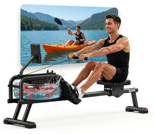 Neezee máquina de remo para el hogar, máquinas de remo con monitor Bluetooth y soporte para tableta, máquina de remo de agua Max con capacidad de carga 150kg, compatible con la aplicación Kinomap