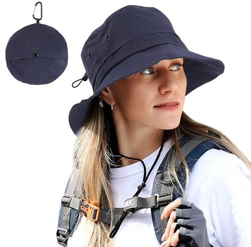 TAGVO Solhatt för kvinnor män sommar UPF 50+ Boonie-hatt, vikbar vattentät hink regnhatt med hakrem för vandring, golf, fiske camping, marinblå, one size