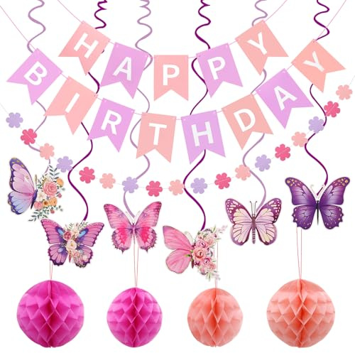 Decoración de Cumpleaños con Mariposas, Guirnalda de Happy Birthday con Mariposas Colgantes, Bolas de Panal, Decoración Feliz Cumpleaños Morado y Rosa para Niñas y Mujeres