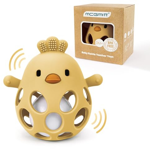 MCGMITT Pelota de Agarre con Sonajero – Mordedor para Bebés de Silicona sin BPA, Juguete Montessori Sensorial con Forma de Pollito, Ayuda para la Dentición 0-24 Meses Niños y Niñas – Amarillo