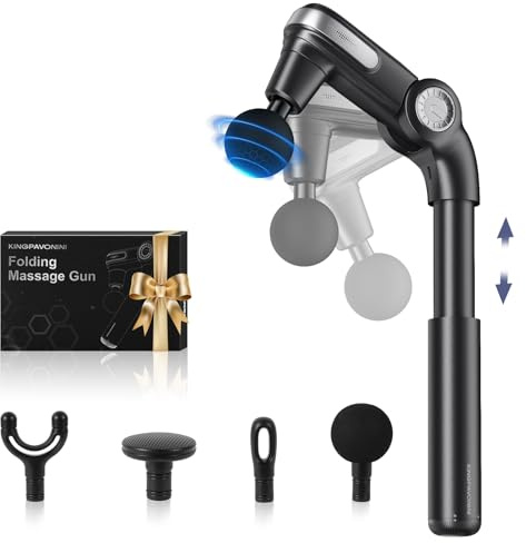 KingPavonini Massage Gun with Extendable Handle & Foldable Head, Portable Back Massager Gun for Pain Relief Deep Tissue, Full Body Percussion Massage Gun with 3 Adjustable Angles & 4 Massage Heads