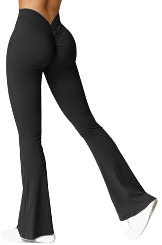 High Waisted Flare Leggings for Women V-Back Scrunch Bums Yogas Pants Breathable Stretchy Tummy Control Butt Lifting Workout Wide Leg Pants Casual Baggy Elastic Waist Joggers