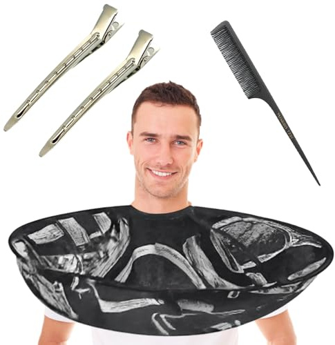 Friseurumhang, Friseurumhang Erwachsene, 4-teiliges Set Mit Umhang, Kamm Und Haarklammern, Für Haarschnitte Und Styling, 60 cm Durchmesser, Faltbar, Schwarz, Umhang Friseur, Friseur Umhang