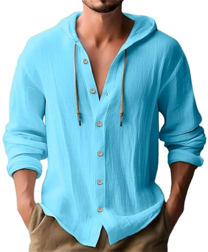 WINKEEY Camisas Hombre de Manga Larga con Botones Cordón Capucha Camisas Lino Hombre para Cómodas Elegantes Playa Vacaciones Ropa Hombre,Azul 3XL