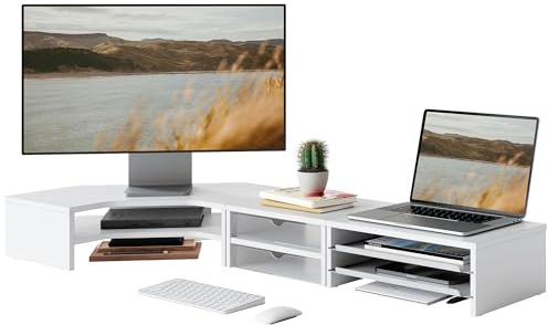 Fenge Monitorständer für den Schreibtisch, 3-in-1, Doppelmonitorerhöhung mit Schubladen, herausnehmbaren Ablagen, L-Form, freie Kombination, für Büro, PC, Laptop, Drucker, TV (weiß)