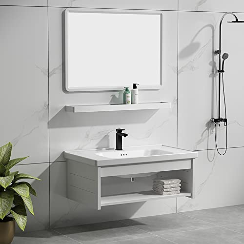 Lavabo de baño blanco combinado con espejo, armario flotante montado en la pared para espacios pequeños, elegante juego de tocador de baño (tamaño: 70x)